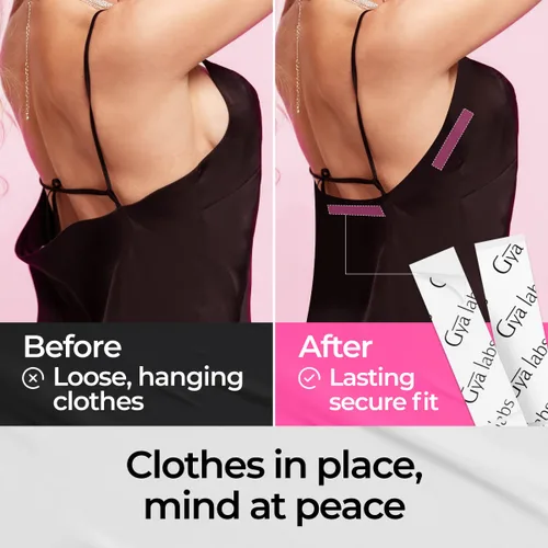 Vista 2 de Gya Labs Cinta de doble cara para ropa, 48 tiras de cinta de ropa fácil de aplicar y quitar, cinta de vestir de doble cara para tela a piel