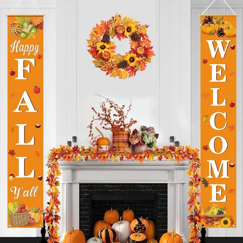 Vista 2 de Decoración de otoño para el hogar, feliz otoño, cartel colgante de bienvenida para porche, cosecha de otoño, decoraciones de Acción de Gracias
