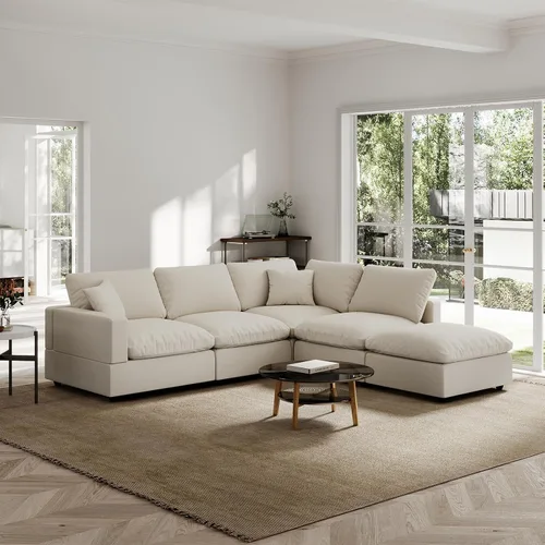 Vista 64 de Sofá seccional moderno de lino en forma de L para sala de estar, sofás modulares con relleno de plumón, fundas de cojín de sofá desmontables, sofá