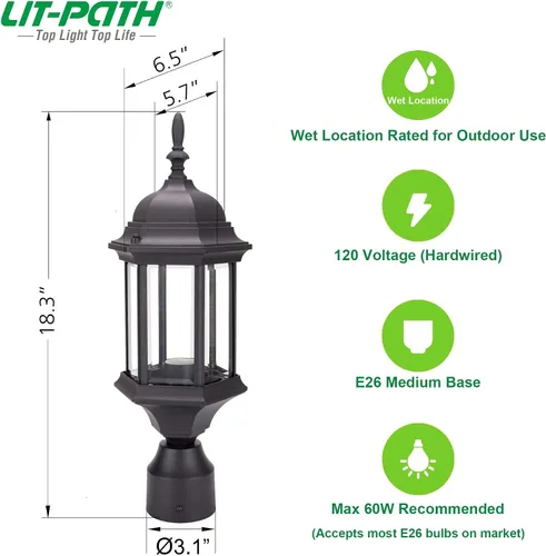 Vista 5 de LIT-PaTH Farol de poste de iluminación para exteriores, base mediana E26 máx. 60 W, carcasa de aluminio más vidrio, paquete de 2, acabado negro