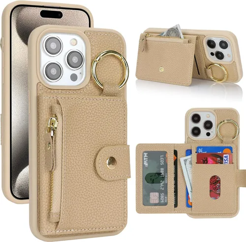 Vista 58 de Funda para iPhone 14 Plus con tarjetero, color negro Funda con cremallera y ranura para mujer y hombre