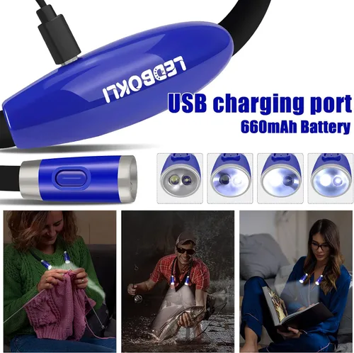 Vista 3 de LEDBOLIK - Luz de lectura para el cuello, 660 mAh recargable, luz de libro para leer en la cama, 6 de brillo, brazos flexibles, manos libres