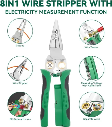 Vista 7 de Pelacables 8 en 1 con probador de voltaje, herramienta de pelado de cables eléctricos multifunción para cortar y alicates de tracción, herramienta