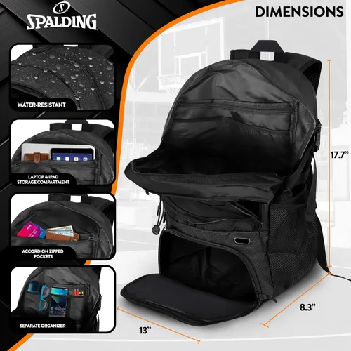 Vista 3 de Spalding Mochila deportiva de baloncesto Mochila grande negra con compartimento para zapatos y pelotas Regalos para jugadores de baloncesto