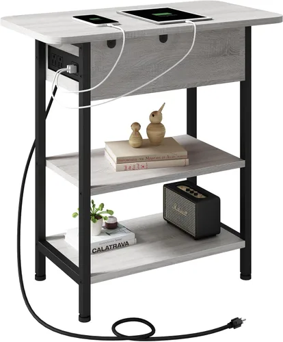 Vista 12 de LIDYUK Mesa auxiliar con estación de carga, mesa auxiliar abatible con puertos USB y tomas, mesita de noche para espacios pequeños, mesitas de noche