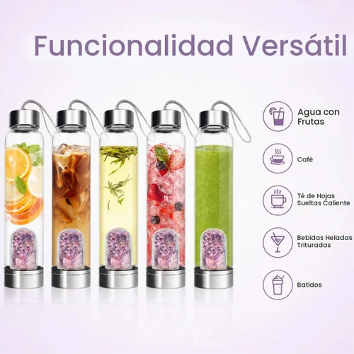 Vista 4 de ChezMax Botella de agua en cristal con centro de cristal natural intercambiable A - Amatista + cristal rosa