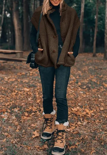 Vista 71 de Hongqizo - Chaleco de forro polar mullido para mujer, casual, de gran tamaño, cálido, con botones, chaqueta de sherpa con bolsillos