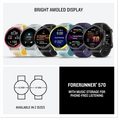 Vista 8 de Garmin® Forerunner® 570, 1.850 in, reloj inteligente avanzado con GPS para correr y triatlón, pantalla AMOLED, funciones de entrenamiento