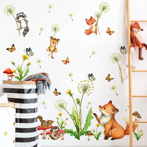 Vista 6 de Calcomanías de pared de dibujos animados con diseño de mariposas y animales para bebé, calcomanías de pared de plantas de diente de león, hojas