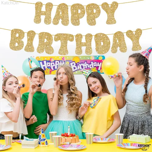 Vista 7 de KatchOn, Cartel de feliz cumpleaños dorado con purpurina – Pre-encordado, 10 pies Cartel dorado de feliz cumpleaños para niñas y niños Cartel