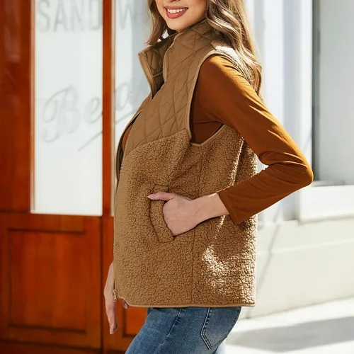 Vista 4 de Vipwest Chaleco sherpa de forro polar mullido para mujer, para otoño e invierno, con cuello alto, ligero, sin mangas, (S-5XL)