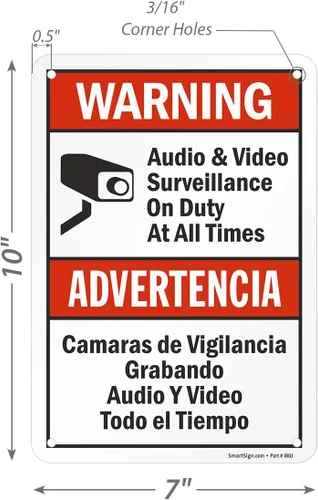 Vista 7 de SmartSign Paquete de 2 señales "Advertencia: Vigilancia de Audio y Video en Servicio en Todo Momento" Bilingüe - 7" x 10", Aluminio Metalizado