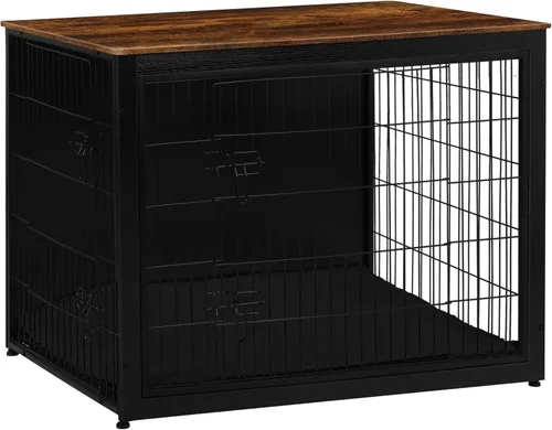 Vista 24 de DWANTON - Perrera con cojín, de madera, con puertas dobles, para interiores, S, M, L, 27.2 pulgadas de largo, negro