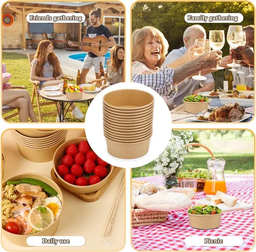 Vista 7 de Paquete de 50 cuencos de papel desechables de 37 onzas con tapas, recipientes de comida para llevar, cuencos de papel para ensaladas con tapas