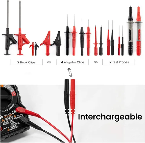 Vista 7 de KAIWEETS Multímetro digital TRMS 6000 cuentas ohmímetro y 23 piezas de cables de prueba de silicona suave kit para multímetro con pinzas