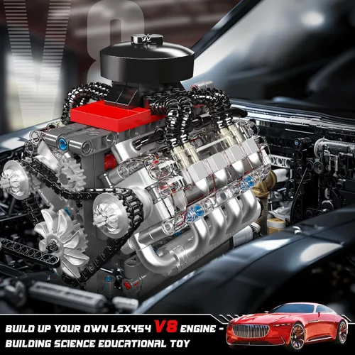 Vista 2 de Mould King Kit de modelo de motor V8 10171, mini kits de motor V8 que funciona, construye tu propio motor de modelo de automóvil con motor, bloques