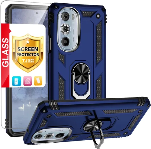 Vista 13 de Funda TJS para Motorola Edge Plus 2022/Moto Edge+ 5G UW 2022 (negro) Con protector de pantalla de vidrio templado Anillo de metal Kickstand