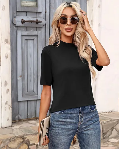 Vista 8 de Paquete de 2 camisetas casuales de negocios para mujer, camisas de cuello alto falso de manga corta cuello alto, blusas elegantes de manga corta