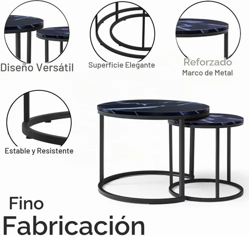 Vista 4 de Juego de 2 mesas auxiliares redondas pequeñas para sala de estar, mármol sintético de grano de madera, mesa auxiliar apilable moderna con marco