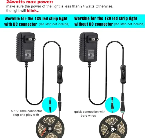 Vista 5 de adaptador de fuente de poder CC de 12V, con interruptor ON/OFF para iluminación LED de 12V., negro, 0093, 24.00watts, 12.00 volts