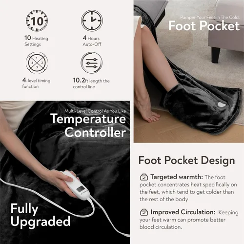Vista 3 de Wapaneus Manta térmica eléctrica con bolsillo para los pies, con 10 niveles de calefacción y 4 ajustes de temporizador, 4 horas de apagado