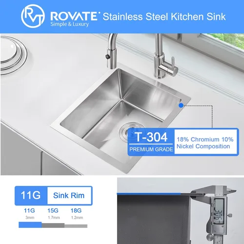 Vista 7 de ROVATE - Fregadero de barra o fregadero de cocina de 13 x 15 pulgadas, hecho a mano, de acero inoxidable T-304 de un solo tazón