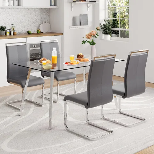 Vista 8 de Juego de mesa de comedor de cristal para 4, mesa rectangular con 4 sillas de cocina de cuero gris, juego de comedor de cocina de 51 pulgadas, mesa 4