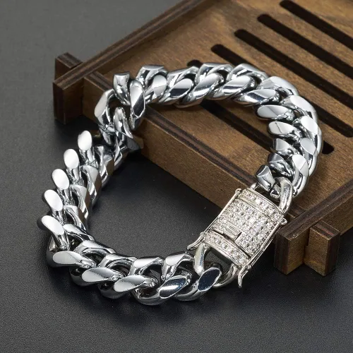 Vista 4 de Mens Miami Cuban Link Chain Whte-Tone 15mm Stainless Steel Curb Necklace Iced Cubia Zirconia Clasp A bit Low-key but classy HipHop Punk Rock
