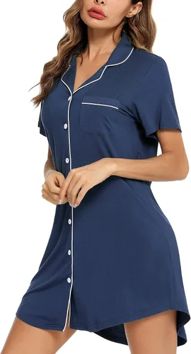 Vista 33 de Samring Camisón de pijama para mujer, manga corta/larga, con botones, camisón para dormir, camisón para novio, talla XXL