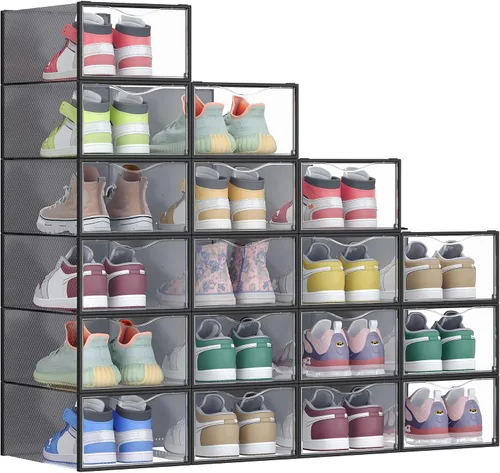 Vista 9 de SONGMICS Cajas de zapatos, organizador de almacenamiento de zapatos para armario, caja apilable de plástico para tenis, paquete de 12, transparente