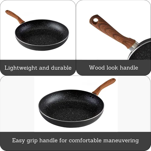 Vista 2 de IMUSA USA Woodlook Sartén de Piedra Negra de 8" con Mango de Aspecto de Madera e Interior Antiadherente Moteado, 8