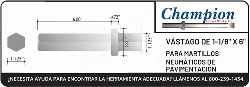 Vista 2 de Champion Chisel, herramienta de buje de acero con vástago hexagonal de 1-1/8 x 6 pulgadas, 16 dientes de acero, diseñada para martillos neumáticos
