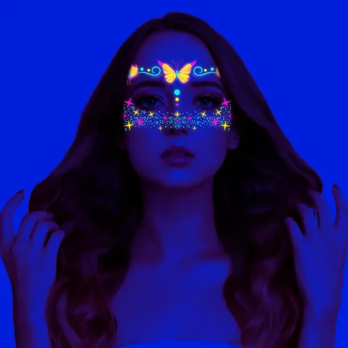 Vista 5 de Tatuajes faciales de neón que brillan en la oscuridad, tatuajes temporales con luz negra UV, calcomanías para cuerpo, cara, flores, tatuaje