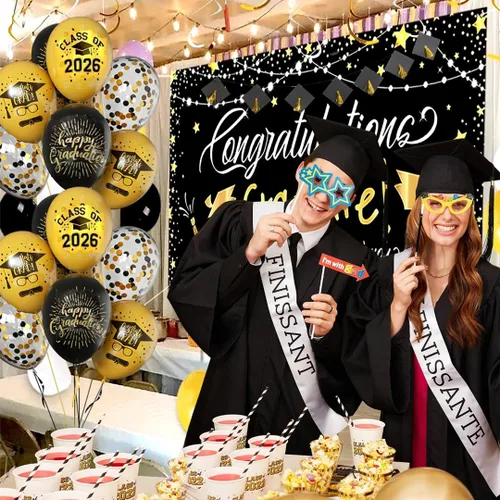 Vista 4 de Globos de graduación 2025 para fiesta de graduación, 50 globos de 30 cm negros y dorados de látex para graduación, globos de fiesta de graduación