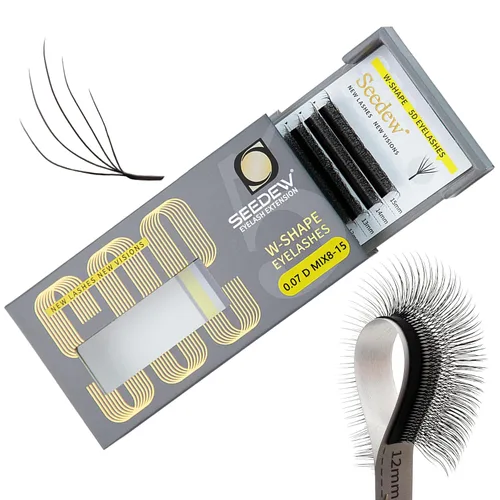 Vista 74 de Extensiones de pestañas 3D, rizo LU/M de 0.003 in, MIX8-0.591 in, 12 filas por bandeja, tallo plano en forma de W, injerto de pestañas natural PBT