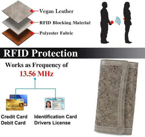 Vista 27 de MEITRUE Cartera de cuero para mujer, con bloqueo RFID, triple pliegue, con relieve, soporte para tarjetas, organizador de chequera para teléfono