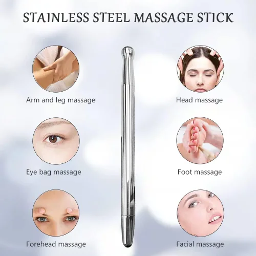 Vista 4 de Gua Sha Juego de herramientas faciales, rodillos faciales de hielo, bolígrafo de acupuntura manual, Gua Sha inoxidable, juego de masaje de acero