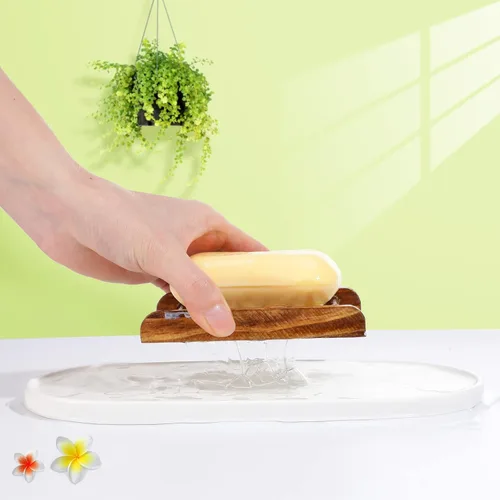 Vista 4 de Honeydak 30 piezas de jabonera de madera de bambú, bandeja de jabón de madera, estuche de esponja de madera para baño, hecho a mano, accesorios