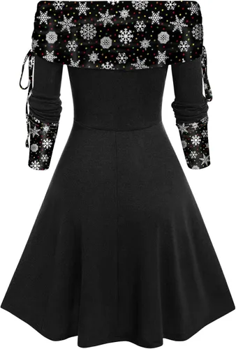 Vista 3 de Vestido de Navidad vintage para mujer, vestido de fiesta de cóctel, manga larga, hombros descubiertos, vestidos largos con vuelo