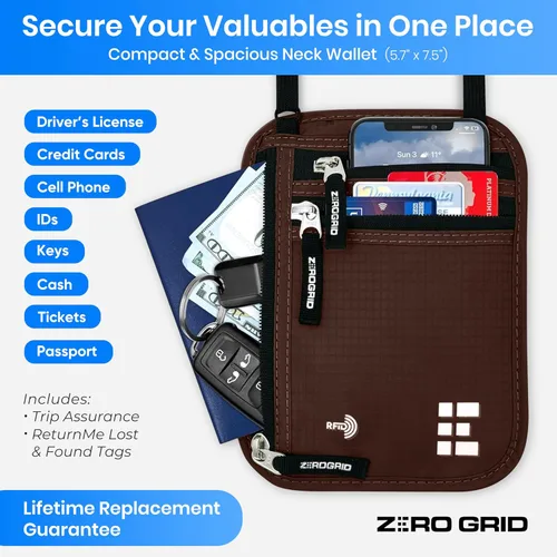 Vista 16 de Cartera para el cuello para viajes y pasaporte con bloqueo RFID, delgada y fácil de ocultar, bolsa de viaje de nailon para hombres y mujeres