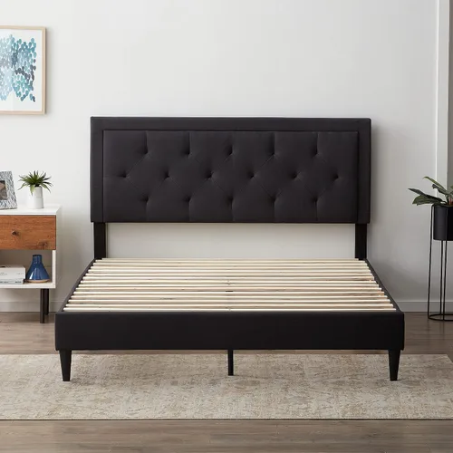 Vista 3 de Lucid - Cama de plataforma tapizada con cabecera de diamante con estructura de madera resistente, no requiere somier, King, carbón