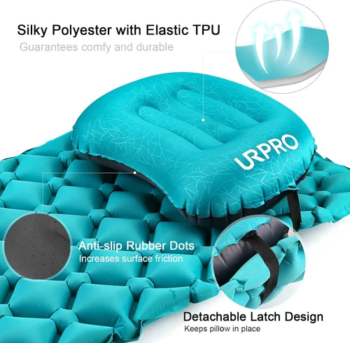 Vista 4 de Almohada inflable ultraligera de viaje para campamento, compresible, compacta, cómoda, ergonómica, para cuello y campamento de apoyo lumbar, Verde