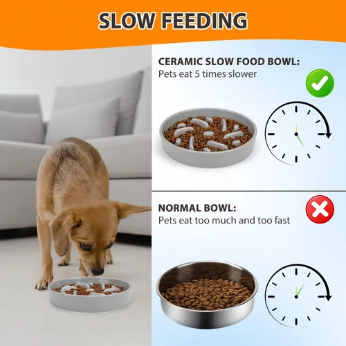 Vista 5 de Cuenco de cerámica para perros de alimentación lenta, 2 tazas de plato de Laberinto - Gris