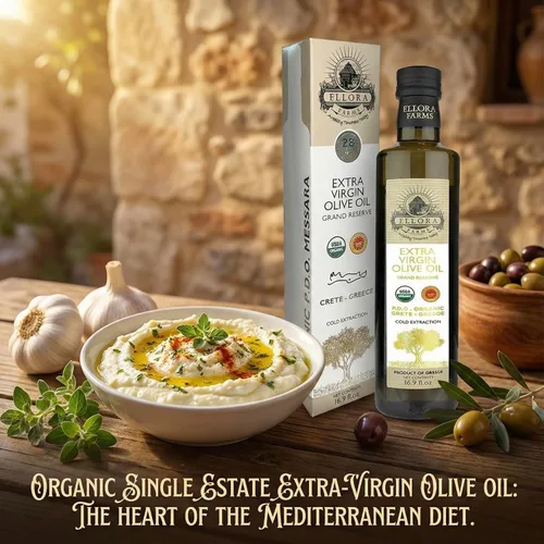 Vista 4 de Ellora Farms, Aceite de oliva virgen extra griego orgánico, DOP messara de una sola finca, alto polifenol, rastreable, kosher, botella de vidrio
