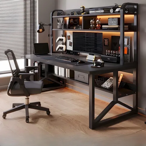 Vista 6 de LITFAD Escritorio rectangular de madera para oficina, moderno escritorio para computadora con marco de metal y estantería para oficina en casa, 1