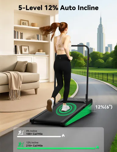 Vista 2 de FelFast Walking Pad Treadmill, 12% 5-Level Auto Incline, 2-in-1 Under Desk Foldable w/Remote Control, 12 HIIT Mode, 265 Lbs, 7.6 MPH Max, Portable