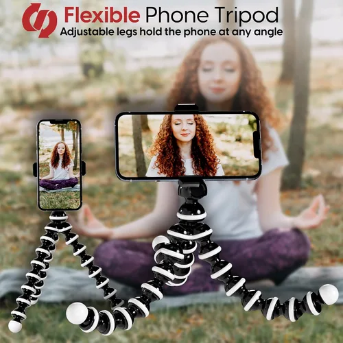 Vista 2 de TALK WORKS Trípode flexible para iPhone, Android, cámara, patas flexibles, soporte ajustable con mini control remoto inalámbrico para selfies