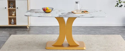 Vista 9 de A Modern Minimalist Dining Table. Imitation Marbled Glass Tabletop. Gold Table Legs for Kitchen and Living Room