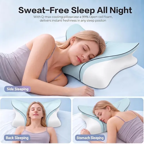 Vista 5 de Almohada cervical para el cuello para aliviar el dolor, contorno ergonómico, enfriamiento Q-Max, espuma viscoelástica sin temperatura, soporte