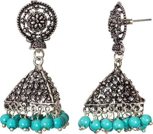 Vista 2 de DESI HAWKER Pendiente oxidado de plata Bali Jhumki Jhumka Joyería Bollywood gota colgante pirámide araña floral NI-31, Metal